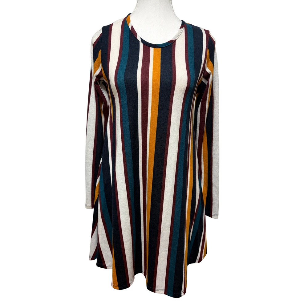 Discreet Womens Multi Color Vertical Stripe Long Sleeve Mini A-Line Dress Small